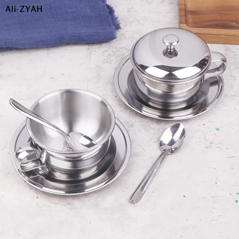 Edelstahl-Kaffeetasse mit Untersetzer und Löffel, mit/ohne Deckel, hitzebeständiger Becher, Trinkgeschirr, Küchen- und Café-Zubehör