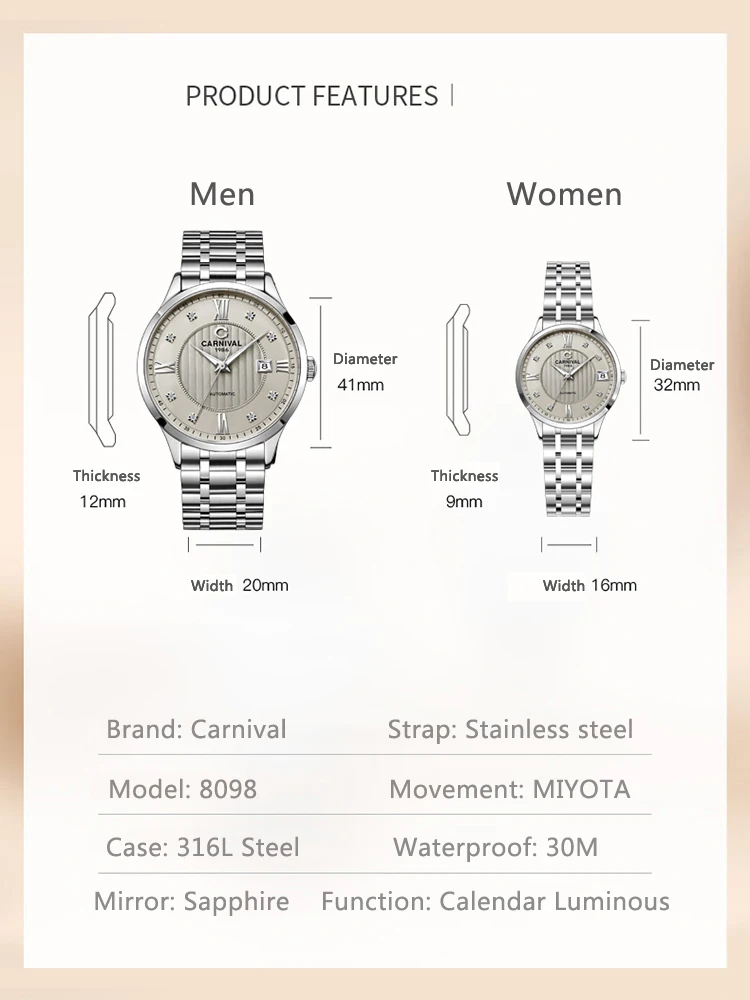 Carnival-Relojes de pulsera mecánicos para hombre y mujer, reloj deportivo resistente al agua, de cristal de zafiro, automático, MIYOTA, un par