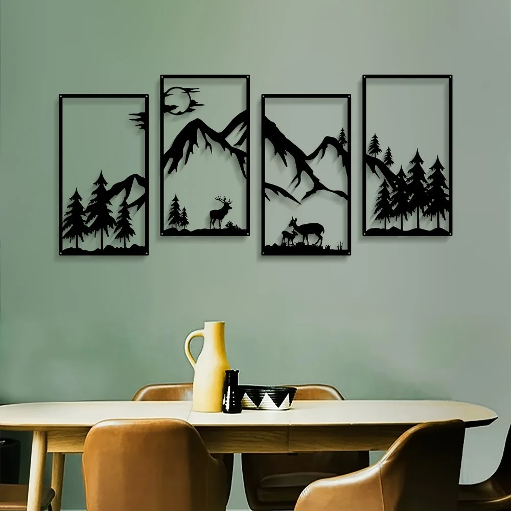 CIFBUY 4PCS Metal Wall Art Abstract Mountain Deer Tree Silhouette Rustic Modern Decor for Living Room Bedroom Office Garden Dura