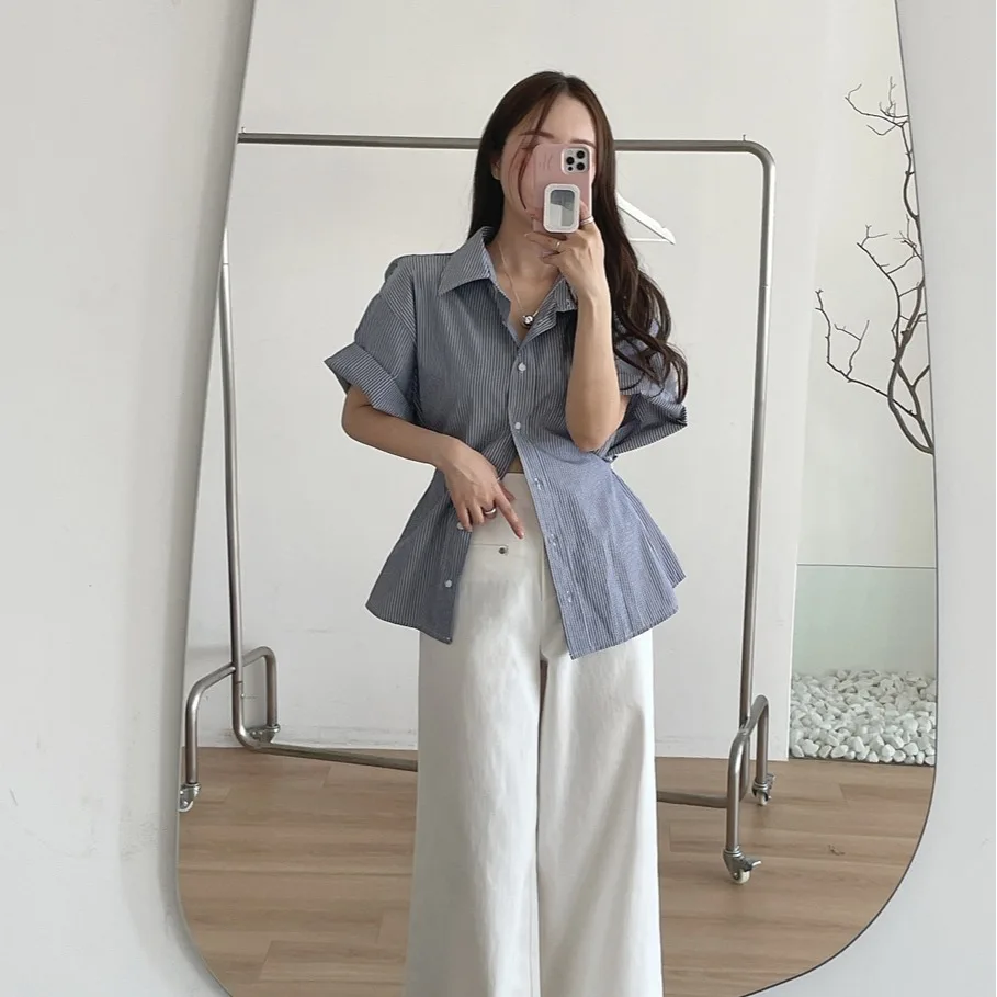 

Chic Korean Style Slim Fit Shirt Striped Short Sleeve Single Button Women's Top Summer Fashion Casual Streetwear