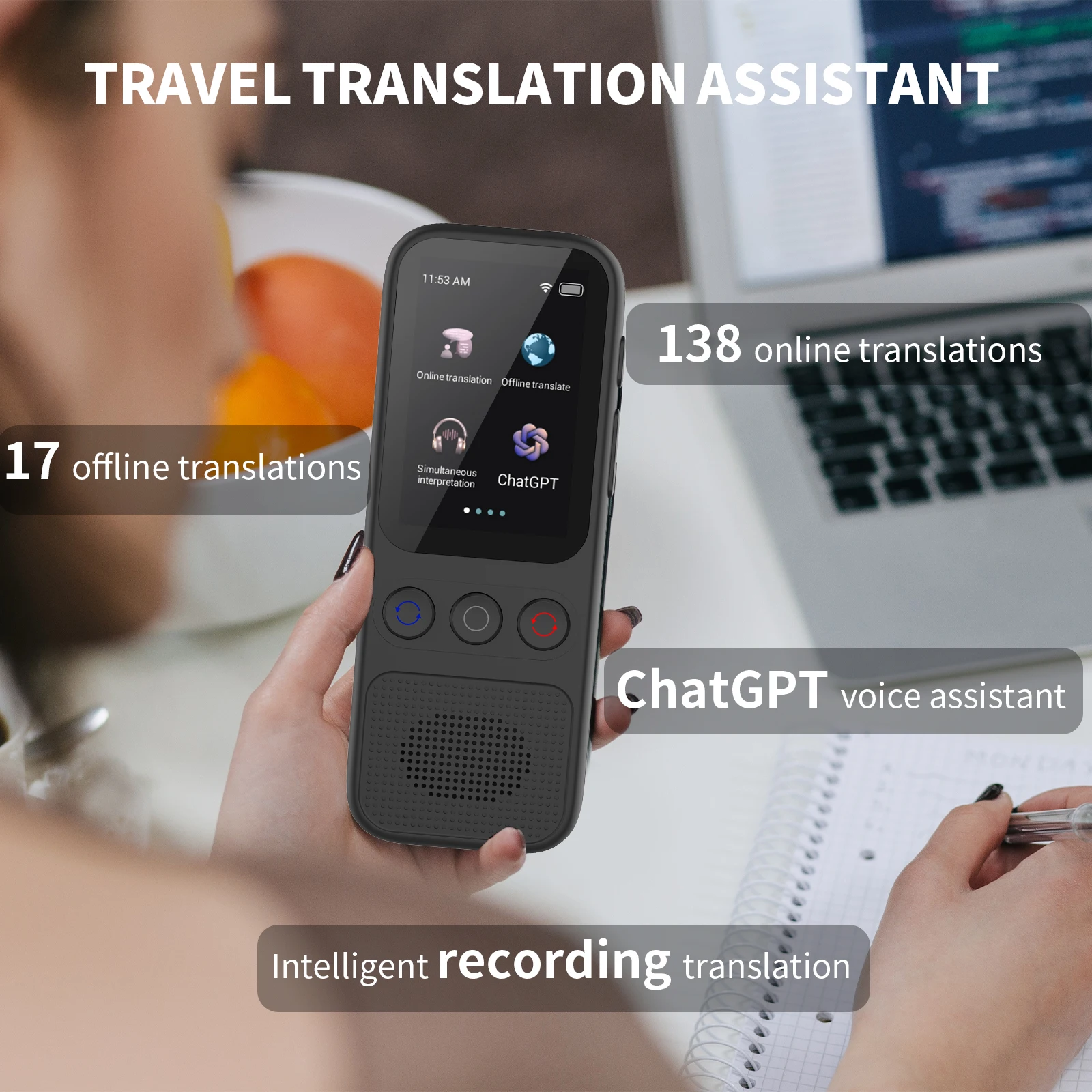 Languages Translation Device Support AI Smart  Translator 138 Language Translator Device ChatGPT Offline Photo Voice Translator
