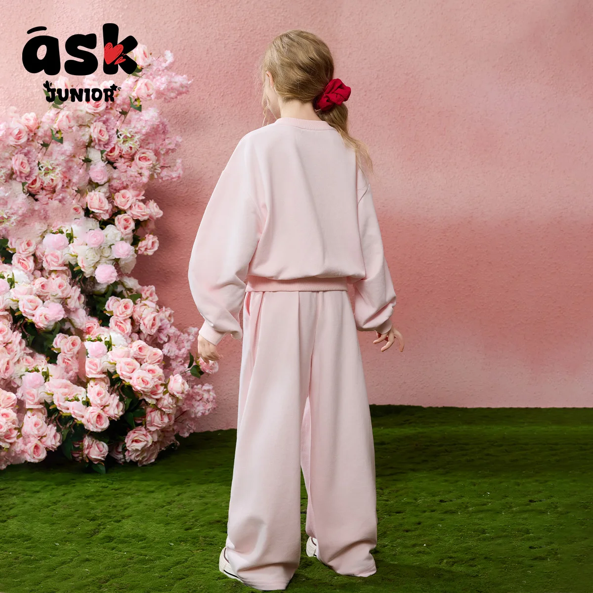 اسأل جونيور [بدلة أطفال] بلوفر ربيعي للفتيات برقبة دائرية وأكمام طويلة وسراويل مستقيمة وبنطلون من قطعتين