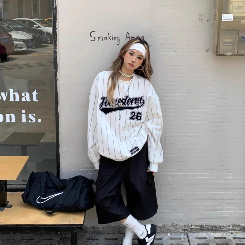 

Винтажный свитшот Y2K, бейсбольный трикотаж, женские футболки большого размера, Kpop, ретро, американская уличная одежда, пуловер, корейские модные толстовки