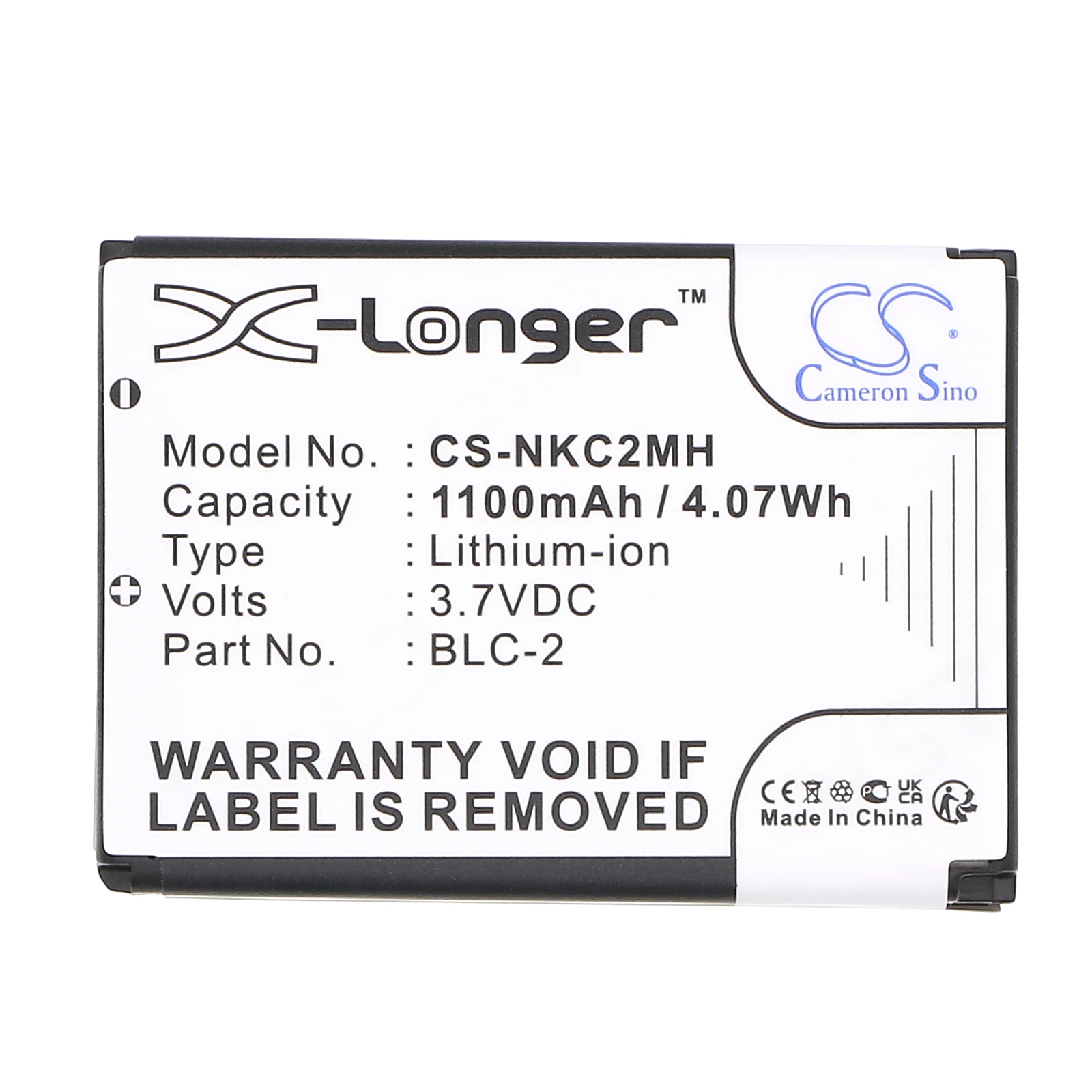 CS Replacement Battery for Nokia 1220,1221,1260,1261,2260,3310,3315,3330,3350,3360,3385,3390,3395,3 PN:BLC-2 1100mAh / 4.07Wh