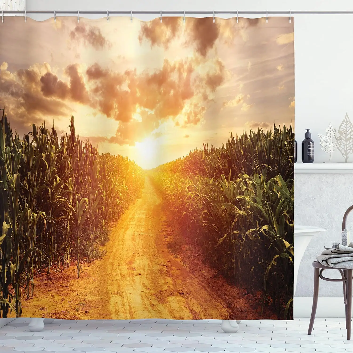 

Закат Кукурузныйфилд Занавеска для душа Сельский пейзаж Тропа через поле Золотое небо Природная фотография Декор для ванной комнаты Ферма Тематическая ванна