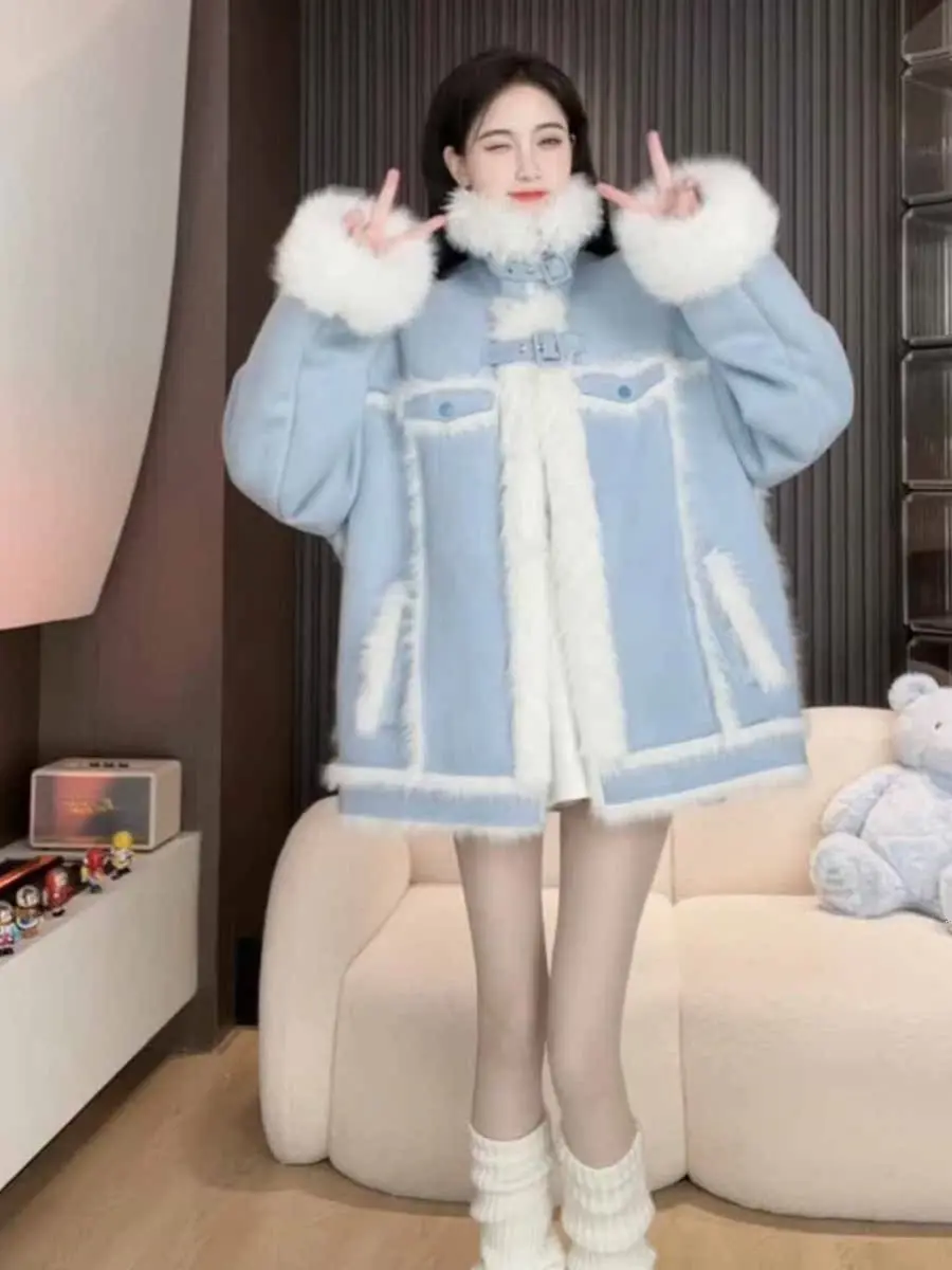 

Stylish Autumn Winter Cotton Jacket Women's Patchwork Fur Trim Blue Outerwear Sweet Girl Cute Coat Fashionable Commute Style