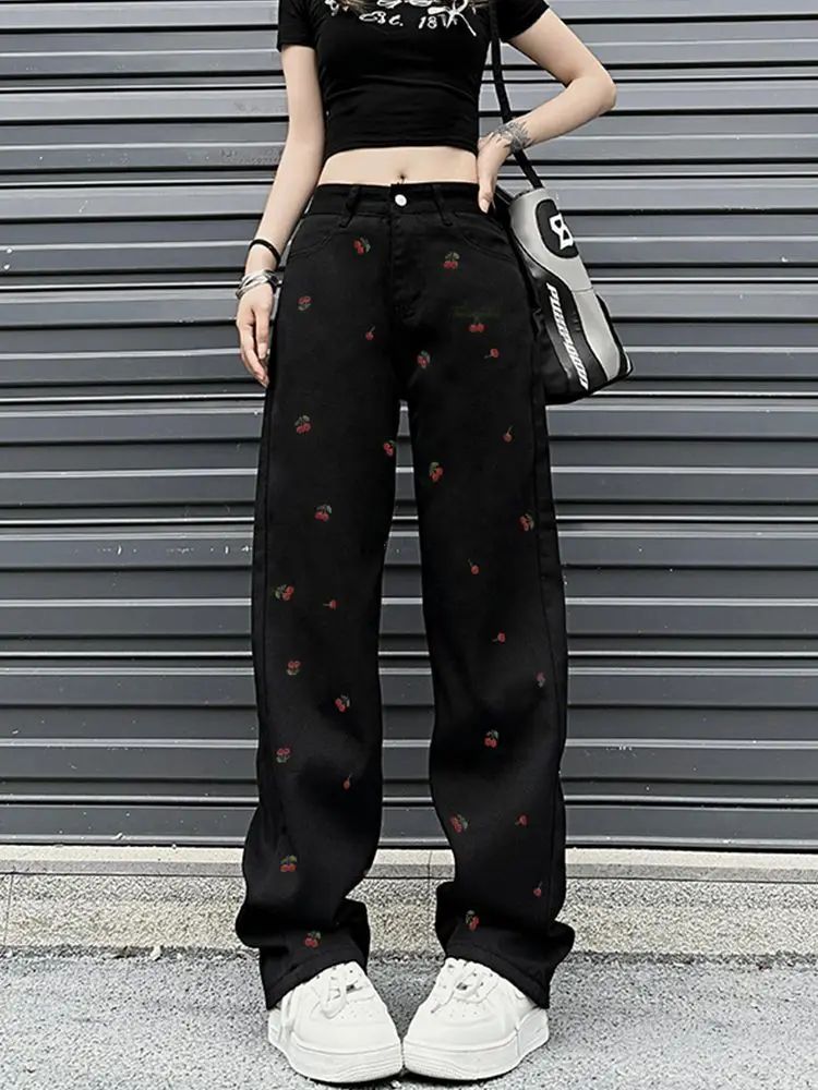 Trend Kirsche Schwarz Breite Bein Jeans Frauen Hohe Taille 2000er Jahre Ästhetische Mode Streetwear Hosen Y 2k Mädchen Baggy Denim Hosen