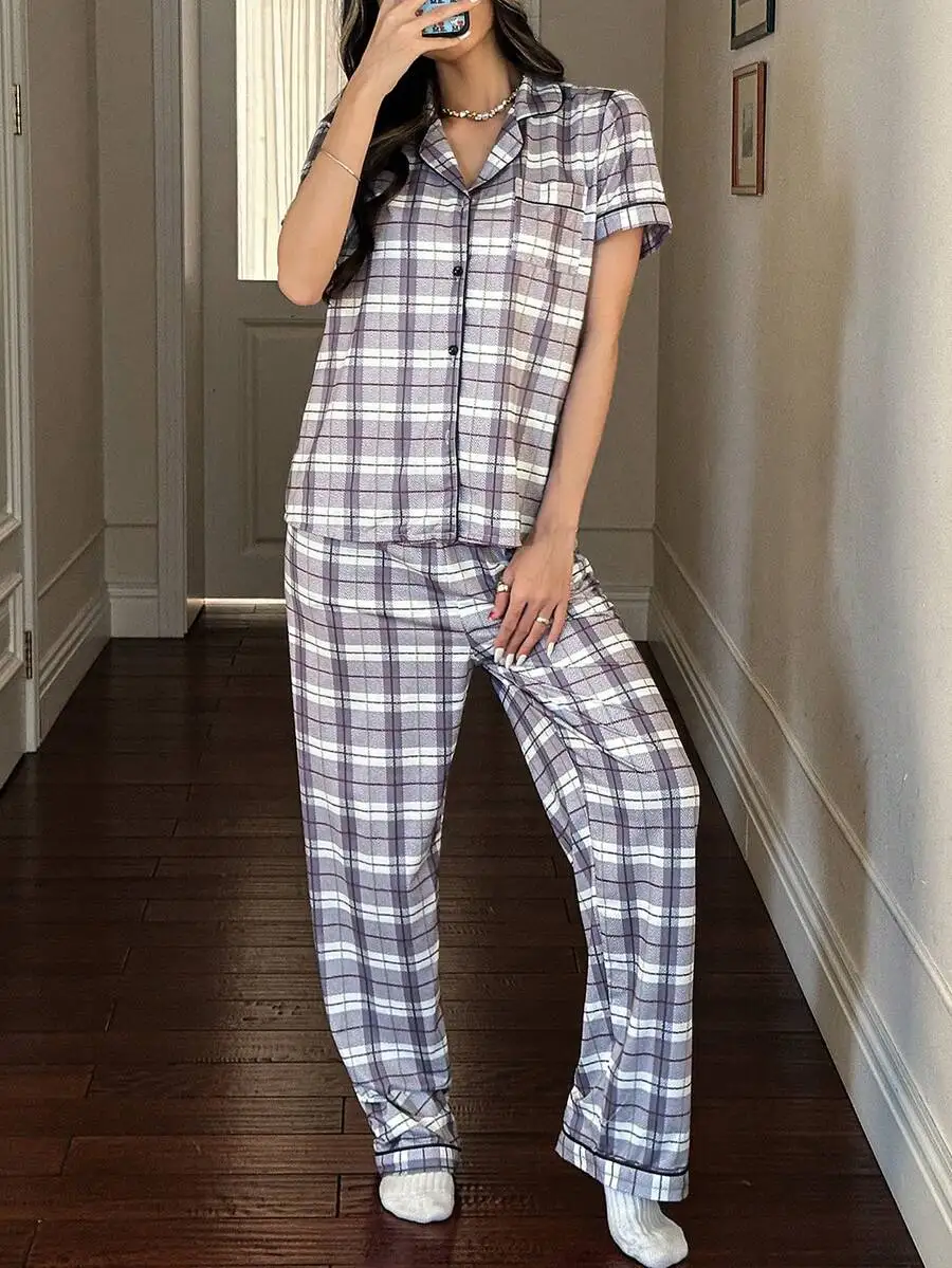 

Women Plaid Print Short Sleeve Lapel Pajama Set Sleepwear