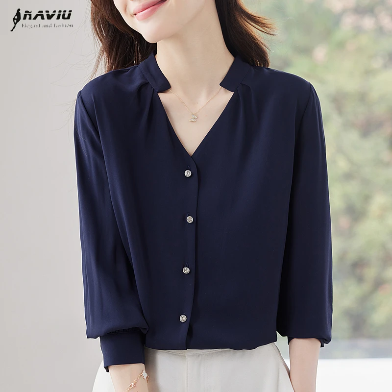 

NAVIU Повседневная рубашка с длинным рукавом, модная элегантная женская одежда, весенняя свободная шифоновая блузка, офисные женские топы с v-образным вырезом, Blusas Mujer