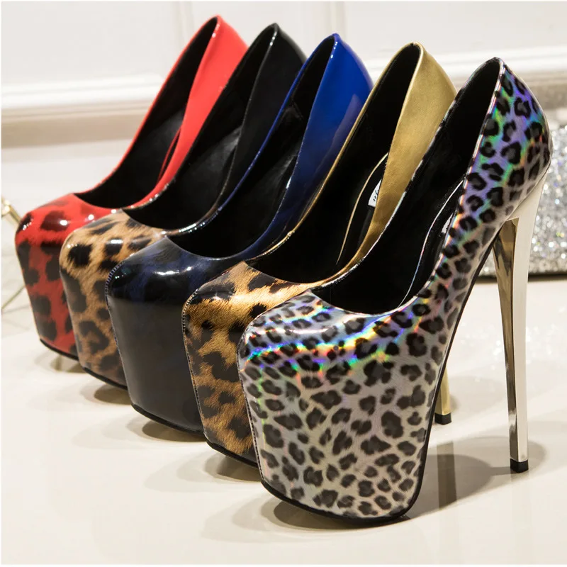 Extreme High Heels Gradient Leopard Print Pumps Women Sexy Platform Patent Leather Slip On Pole Dance Nightclub Cosplay Shoes