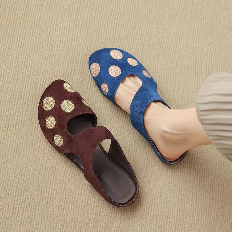 Sandalias de mujer con puntos de polka dot, huecas, planas, suaves, tipo mule, de gamuza vintage, con espalda abierta, informales, para caminar, para uso diario.