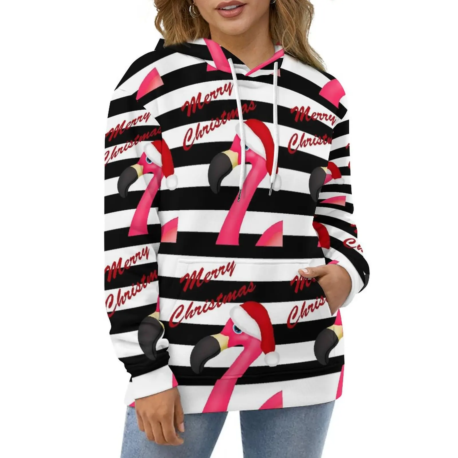 Flamingo Christmas Hoodies Black Striped Casual Pullover Hoodie Autumn Street Style Oversize Design Loose Hooded Sweatshirts