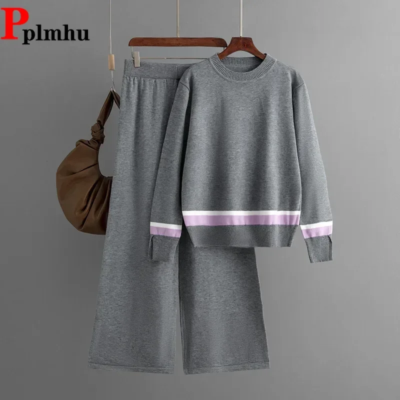

Women O-neck Split Knit Sweater Pullover Tops Conjuntos Casual High Waist Sweatpants Outfit New Fall Winter Knitted 2 Piece Sets