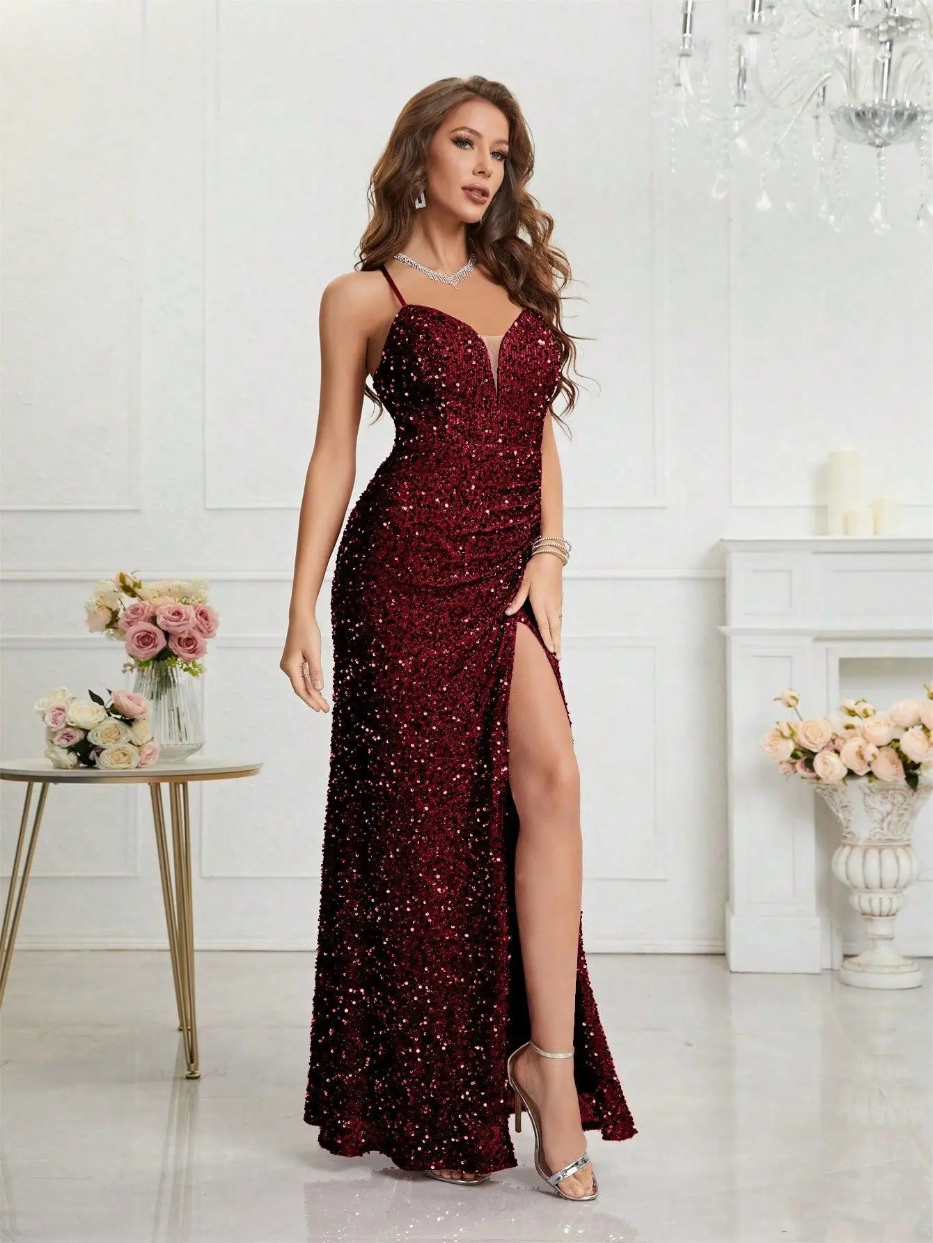 ICCLEK Dress For Wedding Guest Women Split Thigh Elegant Sequined Birthday Dress Burgundy For Women Wedding Party