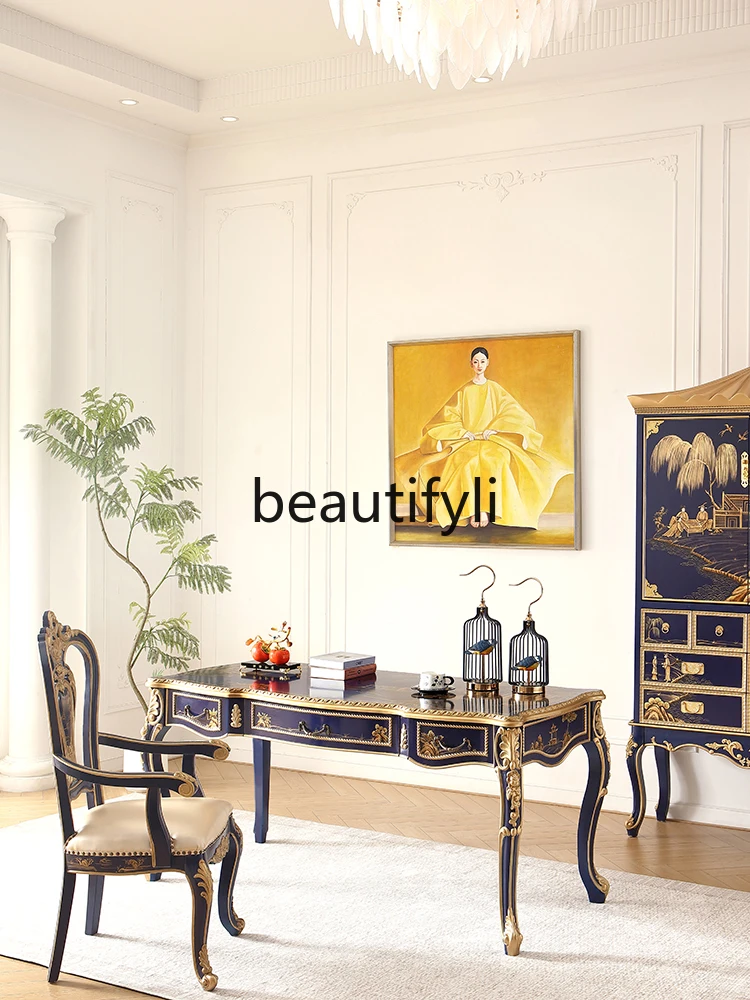 طاولة طعام مستطيلة مرسومة يدويًا ، خشب صلب ، فيلا فرنسية ، أزرق ملكي ، خط ورسم ، طاولة كمبيوتر ، طراز صيني