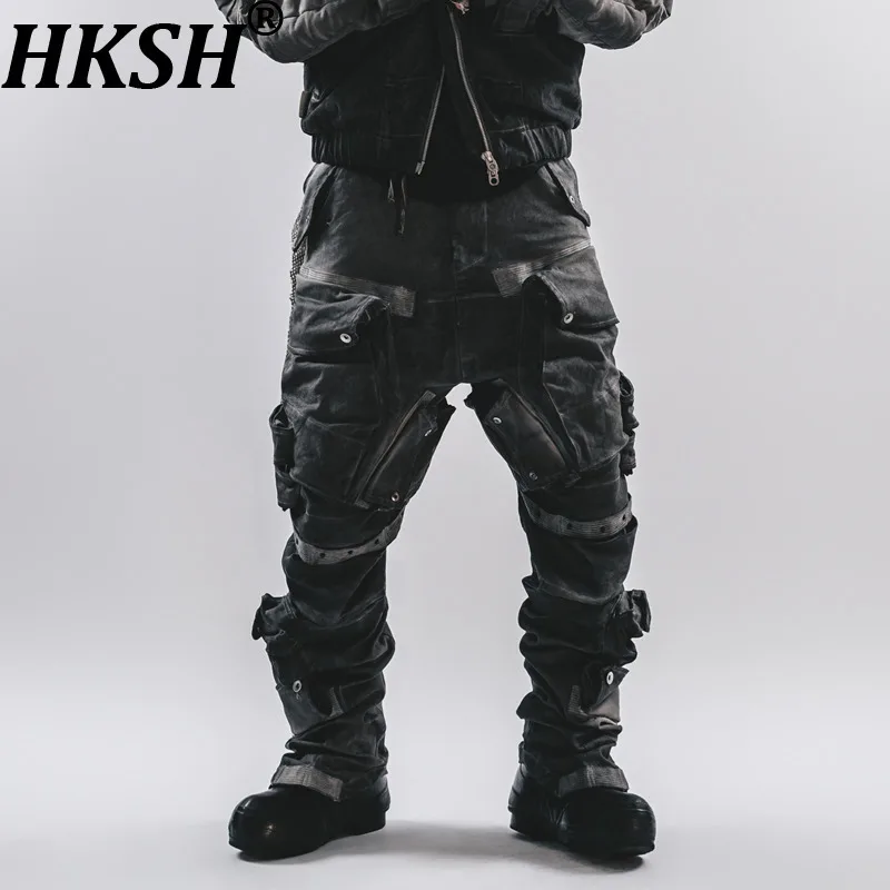 HKSH Spring Autumn New Men Punk Three-Dimensional Rivet Wide-Leg Three-Dimensional Pockets Vintage Patchwork Cargo Pants HK14943