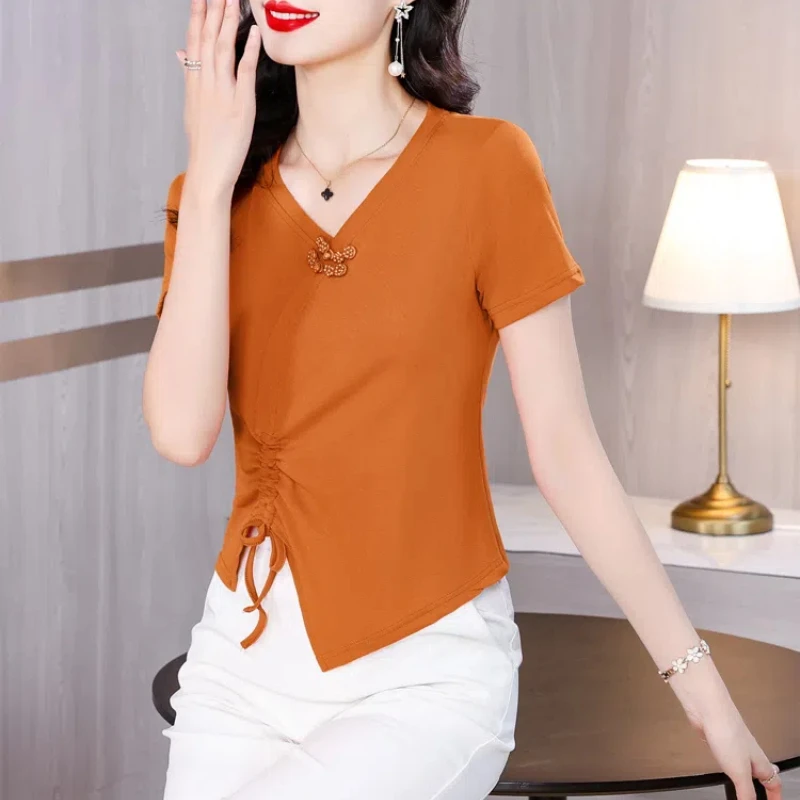 New Summer Women\'s Solid Colors V-Neck Short Sleeve Loose Thin Irregular Pullovers Drawstring Chic Comfortable All-match Tops