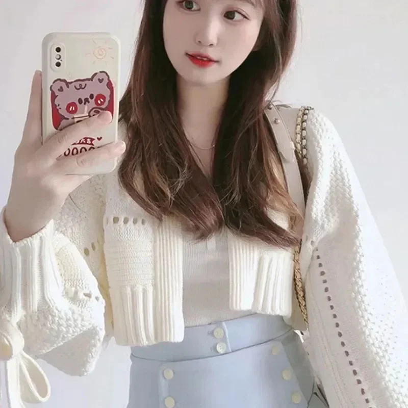 

Japanese Style Sweet Crop Tops Lady Korean Chic Lace-Up Lantern Sleeve Short Sweater Cardigan Women Streetwear Knit Shawl Tops