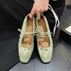 Women Flat Shoes Genuine Leather Sheepskin Comfort Flats Slip On Silver Beige Simple Shoes Spring Autumn Soft Loafers Square Toe