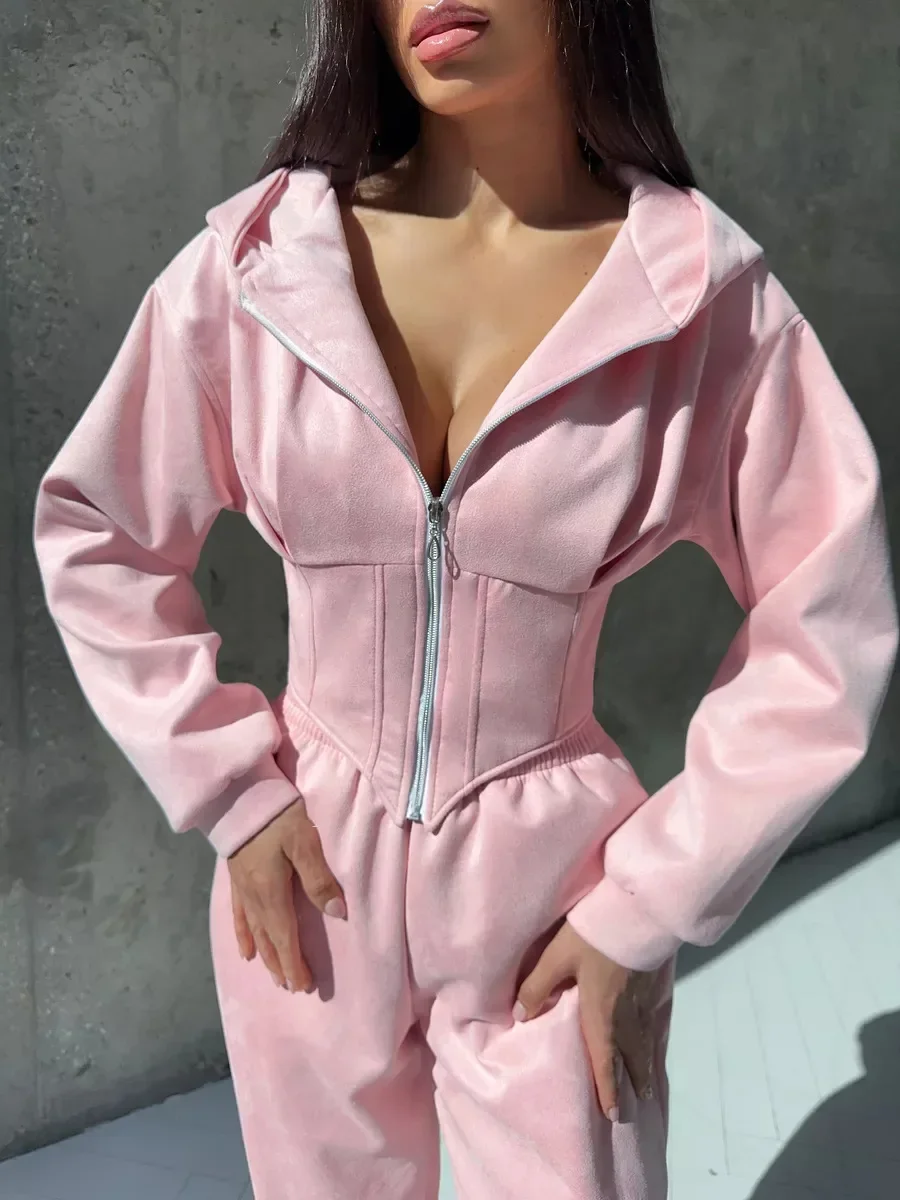 ชุดเสื้อฮู้ดเข้ารูปเอวพร้อมกางเกงขายาว แฟชั่นลำลองสำหรับผู้หญิง แขนยาว ซิปหน้า เอวสูง ชุดเซ็ตเสื้อและกางเกง สไตล์สตรีท