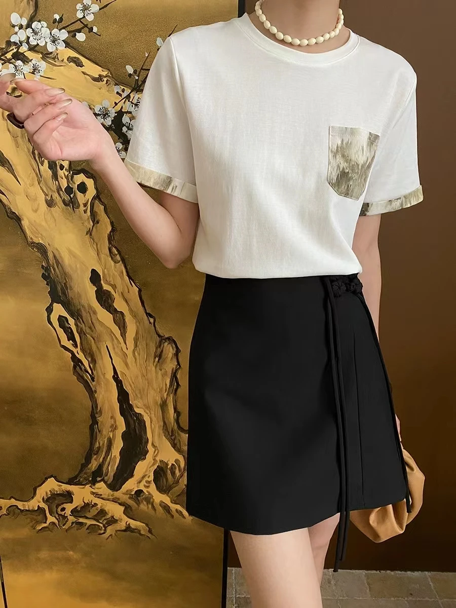 New Chinese Ink Wash Printing Design Elegant Curled Edge Single Pocket Short Sleeved Skirt Set