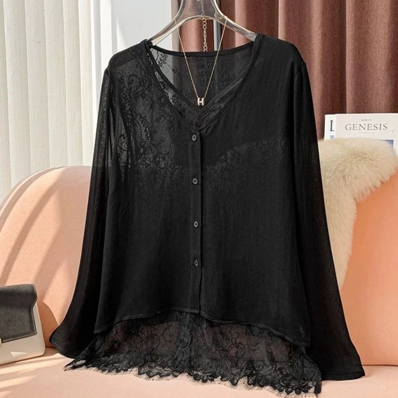 

plus Size V-Ne Lace Splice Casual Thin Long Sve irt Men's Loose Fit Versatile Autumn Early Season irt Breathable Ele...