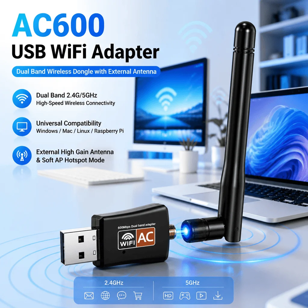 USB WiFi Adapter AC600 600Mbps Dual Band 2.4G 5GHz Dongle High Gain Antenna for PC Desktop Laptop Linux Raspberry Pi Soft AP