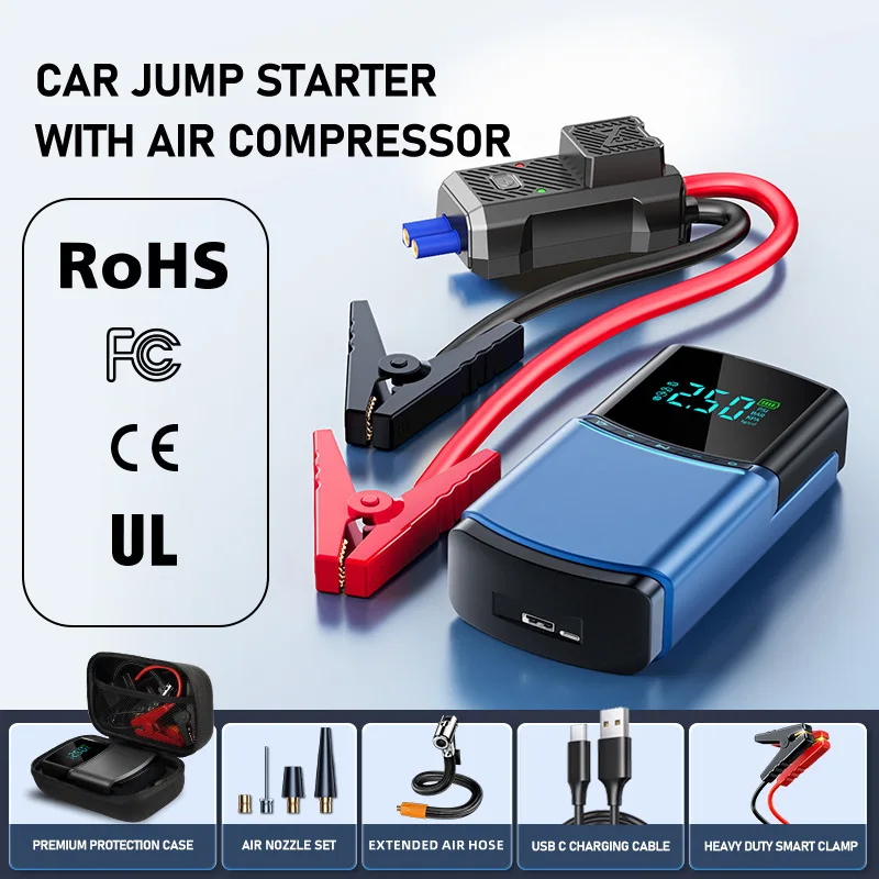 2000A Car Jump Starter with 150PSI Air Compressor, 10000mAh Power Bank 12V Digital Auto Tyre Inflator Portable Battery Booster