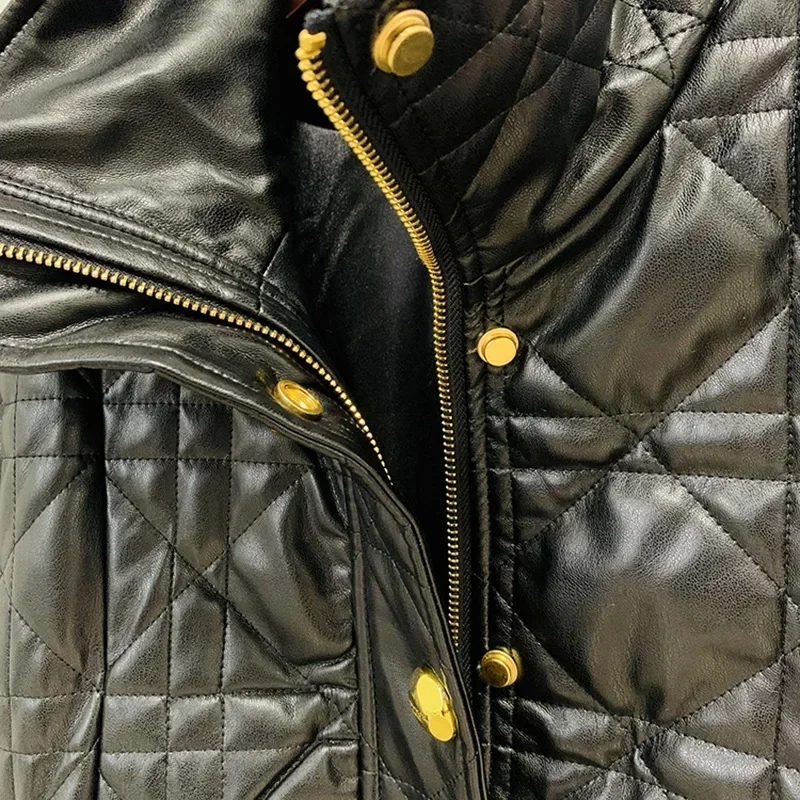 Classic Gold Buttons Black Leather Jacket Women Motorcycle Lapel Long Sleeves New in Outwears Ladies Slim Short Coats Women