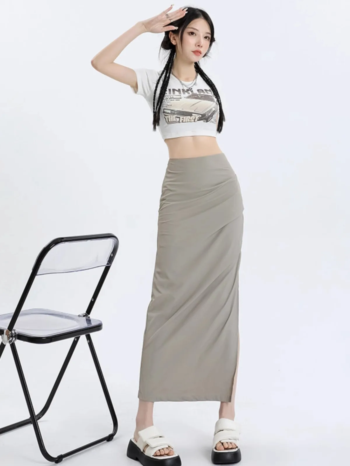 

Облегающая юбка трапециевидной формы с высокой талией и боковым разрезом, женская весна-лето, новая плиссированная длинная юбка, корейская юбка для поездок на работу f