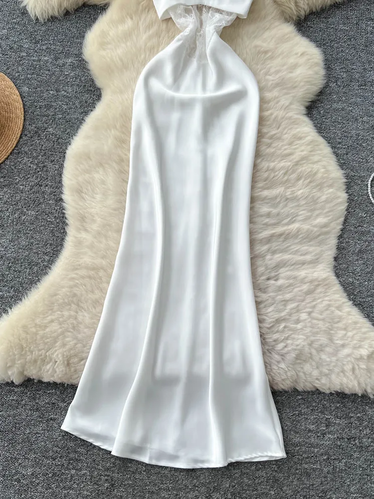 여름 여성 레이스 스플라이스 홀터넥 슬림핏 가운 새틴 원단 하이웨이스트 A라인 반팔 출근룩 한국 스타일