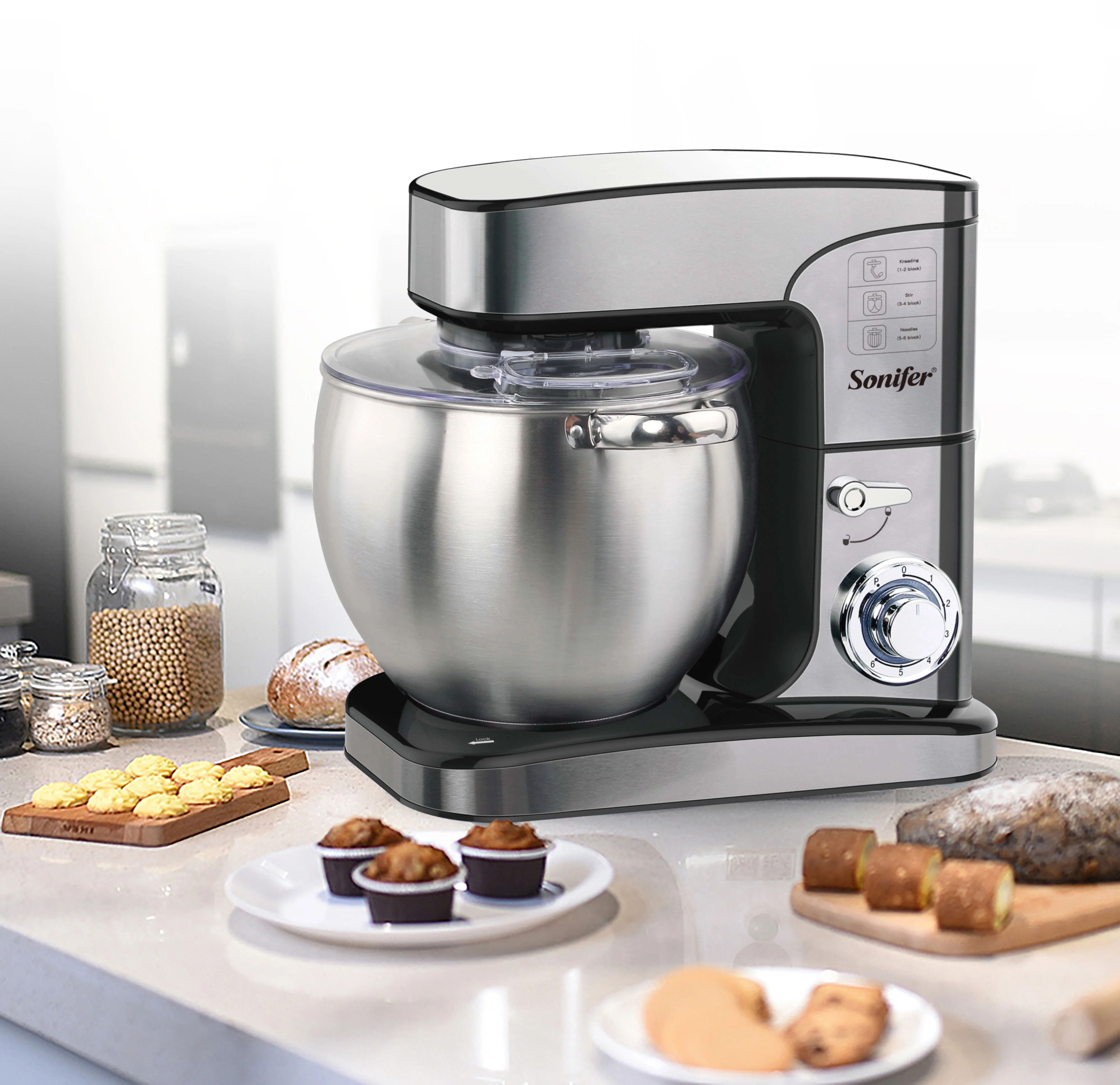 Electric Kitchen Blender Stainless Steel Bowls, Dough Hooks, Whisks, and Blenders Food Blenders for Baking, Cakes, and Cook