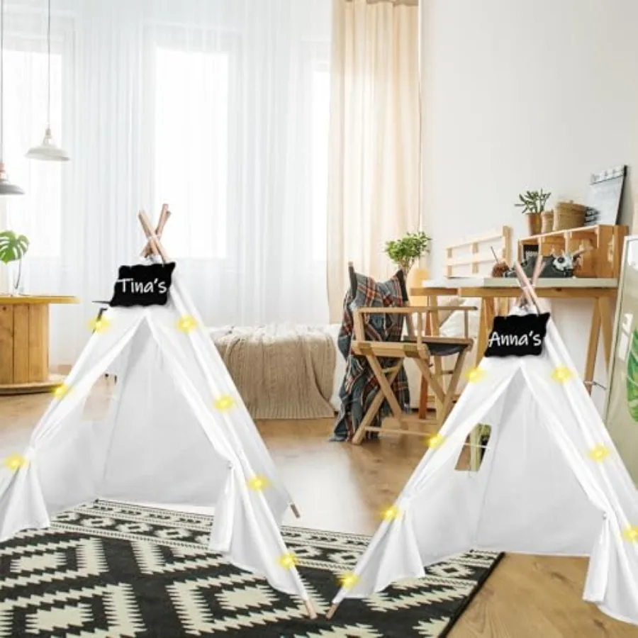 Juego de 12 Uds de tiendas tipi con pizarras pequeñas veteables y luces de cadena de 10 pies, tienda tipi plegable para juegos en interiores y exteriores para niñas