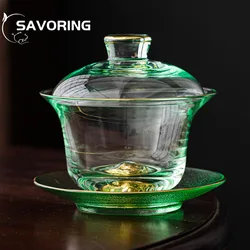 200ml Ice-green Crystal Glass Tea Tureen Outline In Gold Sancai Tea Bowl Tea Maker Gaiwan Teacup Household Kung Fu Teaware Set
