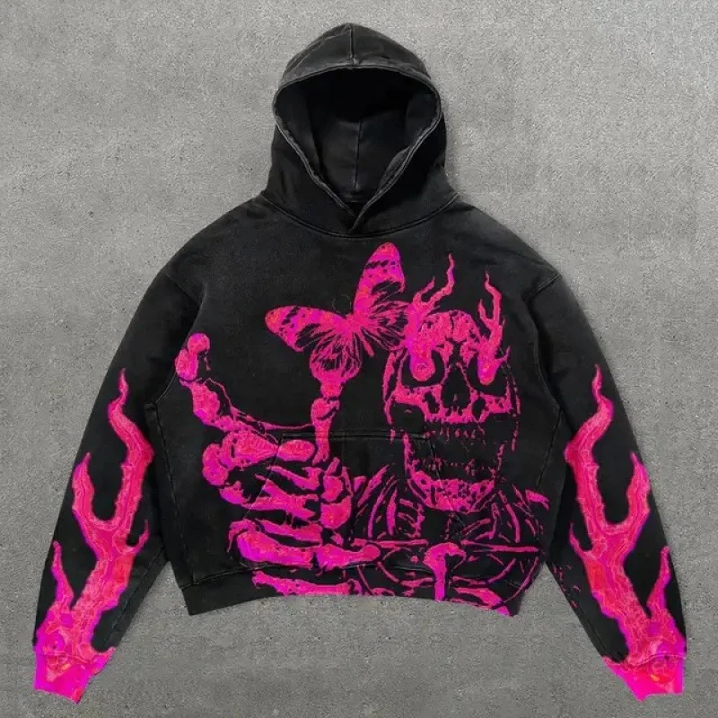 HarajukuRetro Skull Print Hoodies Women Graphic Y2k Top Oversized Zip Up Hoodie Couples American Streetwear Goth Women Clothes