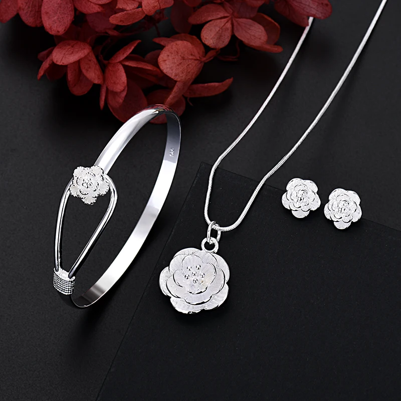 

925 Sterling Silver Charm Flower Necklace Earring Bangle Jewelry for Women Set Lady Wedding Gift TRENDY