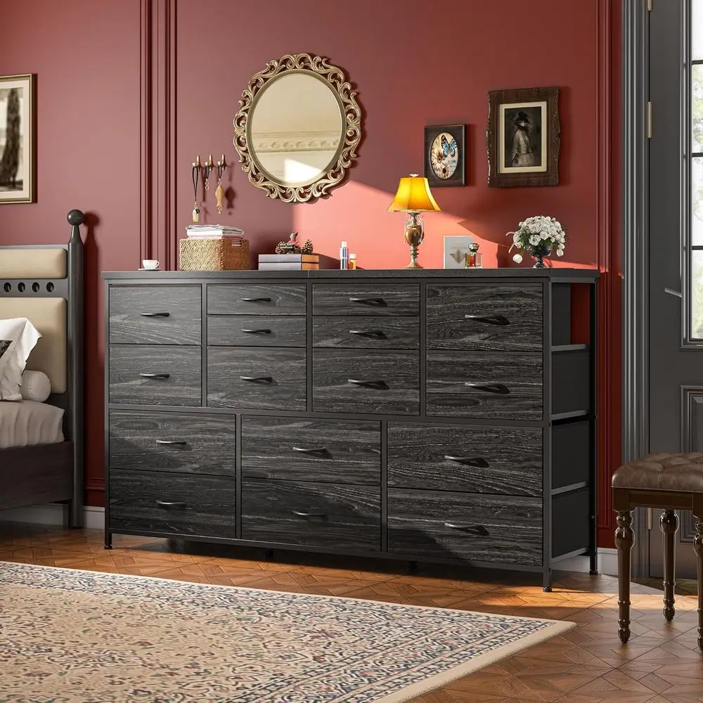 16 Drawer Bedroom Furniture Set with Charging Station and 60 TV Stand, Black