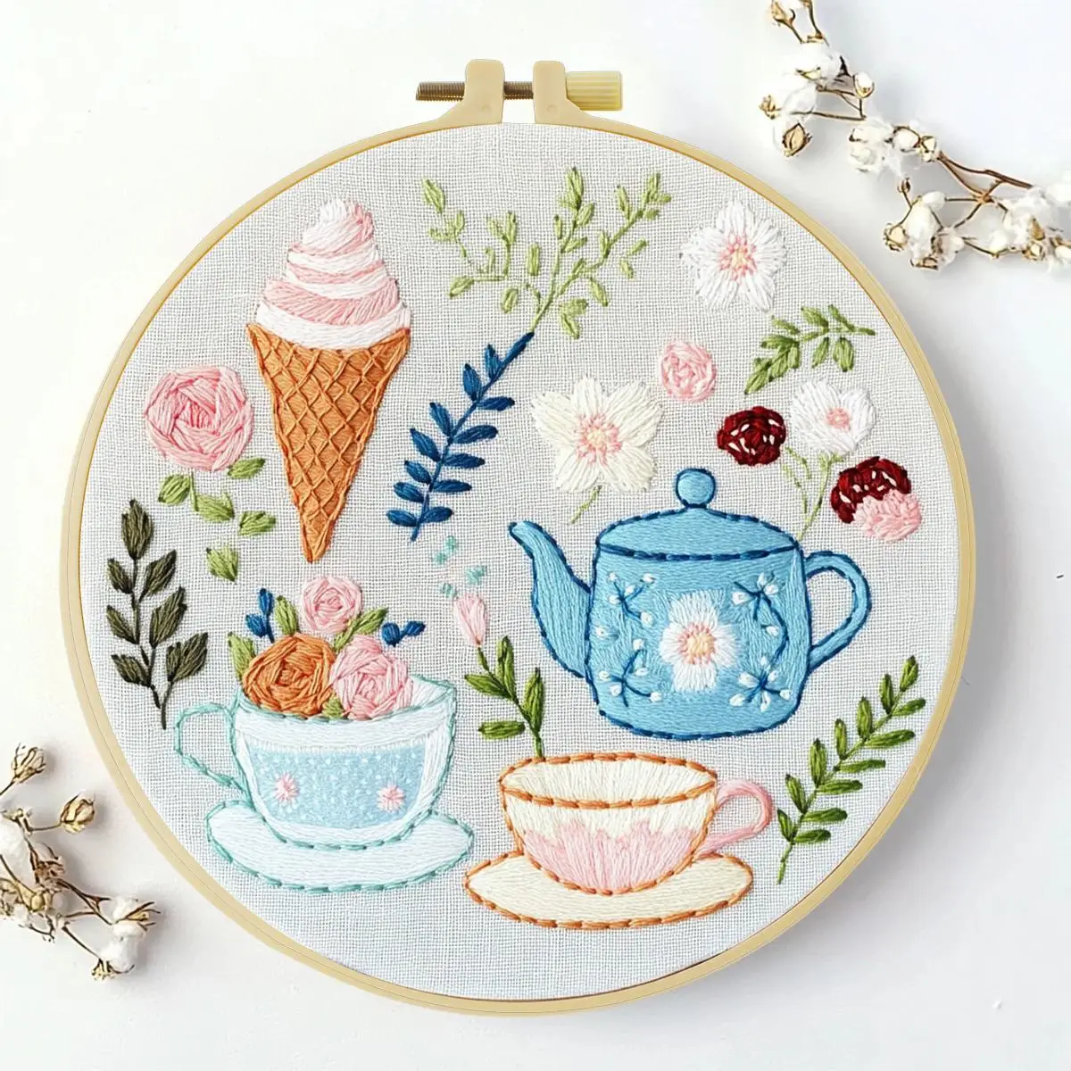 1 Stück 20X20CM/15X15CM 7,87/6,3 Zoll Nachmittagstee Stickerei Starter-Kit DIY-Kit DIY-Stickerei-Set für Anfänger – Detail 2