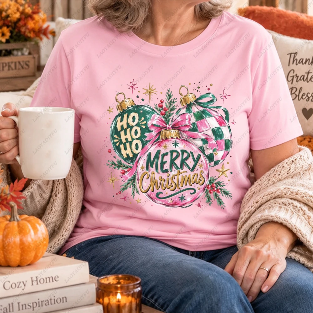 Merry Christmas Pink Plaid Ornaments Ho Ho Ho Watercolor Print Women Xmas Holiday Party Short Sleeve Winter Festive Graphic Tee