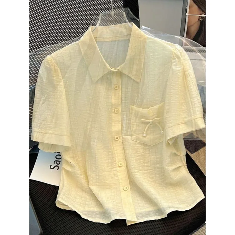 

Шифоновая блузка с короткими рукавами для женщин, новая летняя свободная рубашка с воротником-поло на пуговицах и карманами