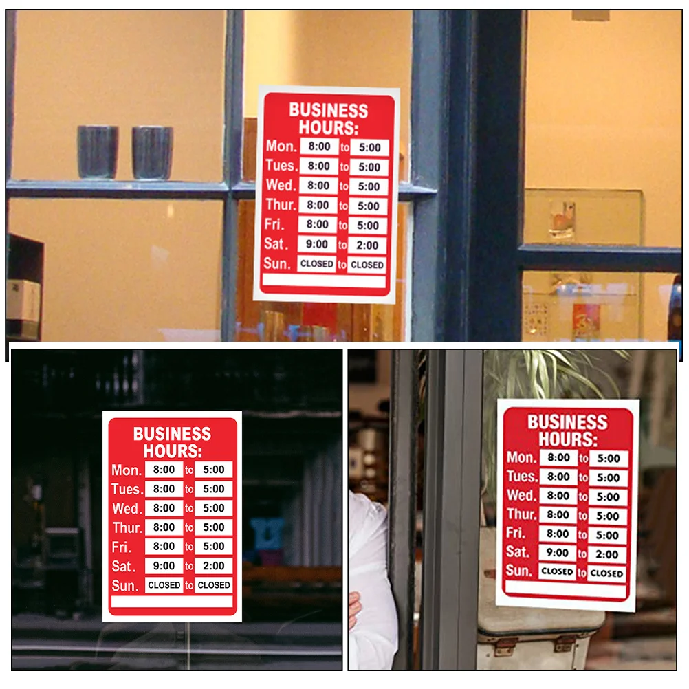 2 قطعة ساعات المتجر تسجيل ملصق أحمر جريئة الخط واضح الأعمال ساعات العمليات ملصق مائي للأبواب الزجاجية ويندوز المقاهي المطاعم #5