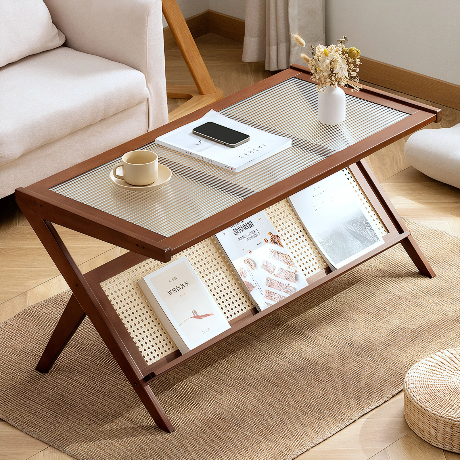 Rattan Coffee Tables for Living Room, Mid Century Modern Coffee Table with Glass Top, Large Boho Center Table with Storage