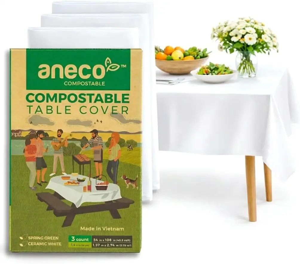 100% Compostable Tablecloths for Rectangle Tables (54''x108'', 3 Count) - White Disposable Rectangular Tablecloth - Anti-Plastic