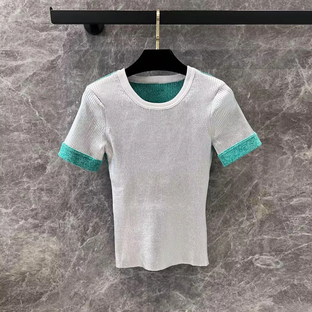 2025 New Spring Fashion O-neck Short Sleeve Cotton Knitted T-shirt Women Contrast Patchwork Silver Sweet Slim Tops