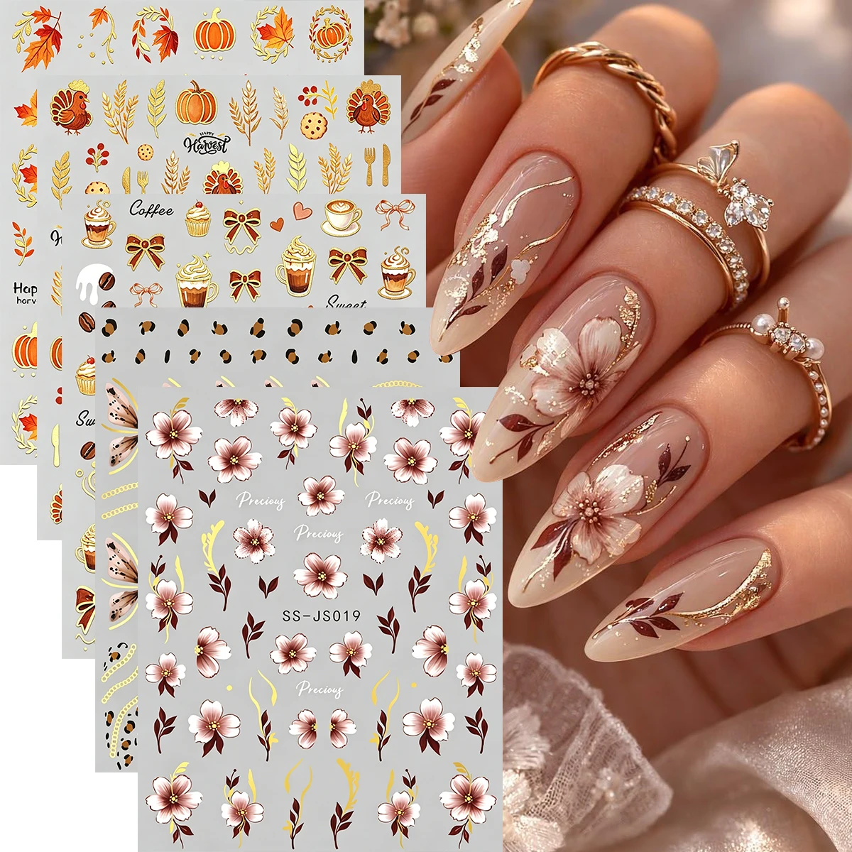 5pcs Gold Autumn Flower Nail Stickers Golden Maple Leaf Fall Coffee Bean Hibiscus Leopard Nail Decals, Luxury DIY Nail Art Decor