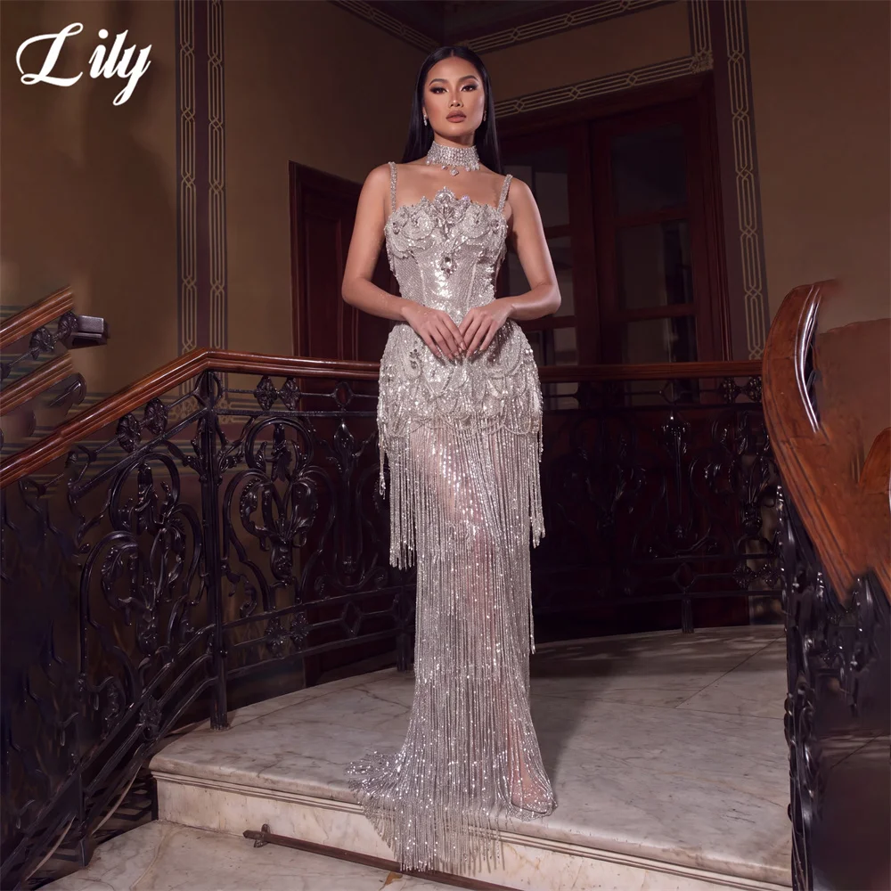 Lily  Silver Spaghetti Strap Prom Dress Crystal Beaded Formal Dress Tiered Fringe Mermaid Evening Dresses for Wedding Customized