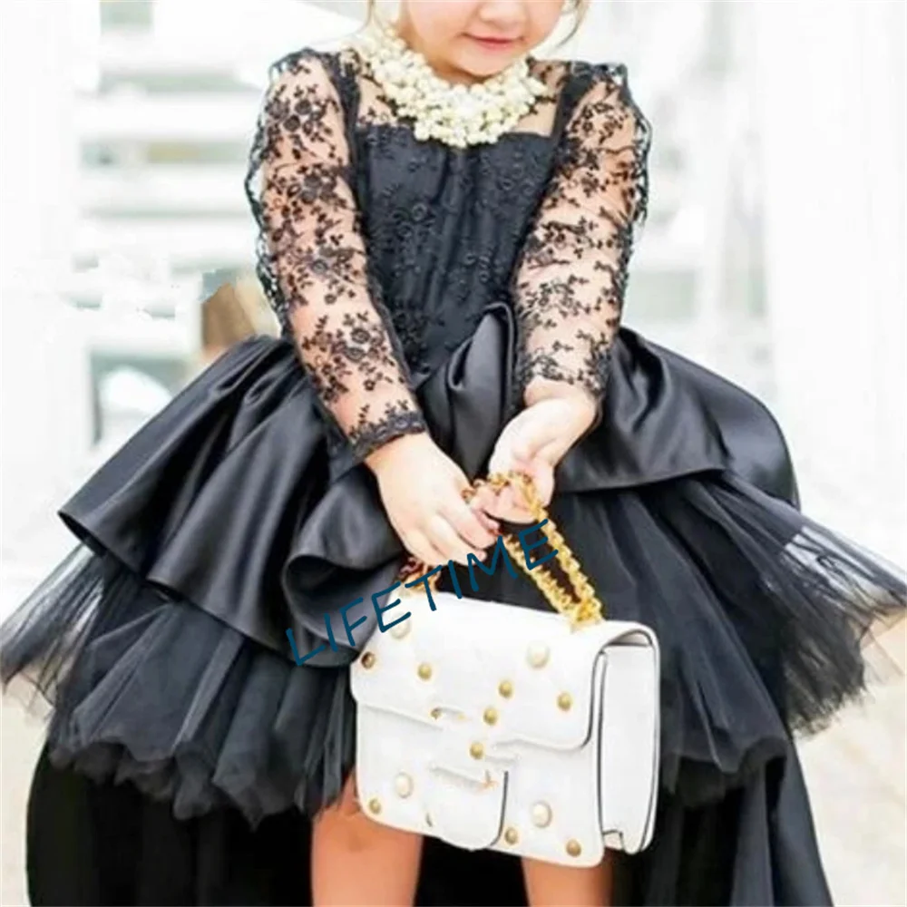 Vestidos clásicos de flores negras para niña, cuello de joya, apliques de encaje, desfile, mangas largas, satén fruncido, ropa de fiesta de cumpleaños