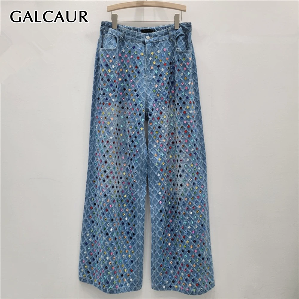 

GALCAUR Blue Spliced Diamonds Chic Trousers Female High Waist Loose Streetwear Vintage Women's Straight Pants Autumn Fashion New