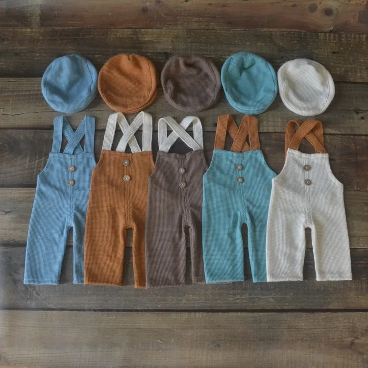 2pcs/set Newborn Boys Photoshoot Clothes Cute Solid Infant Suspender Jumpsuit +Gentlemen Hat Baby Boys Photography Props Outfits