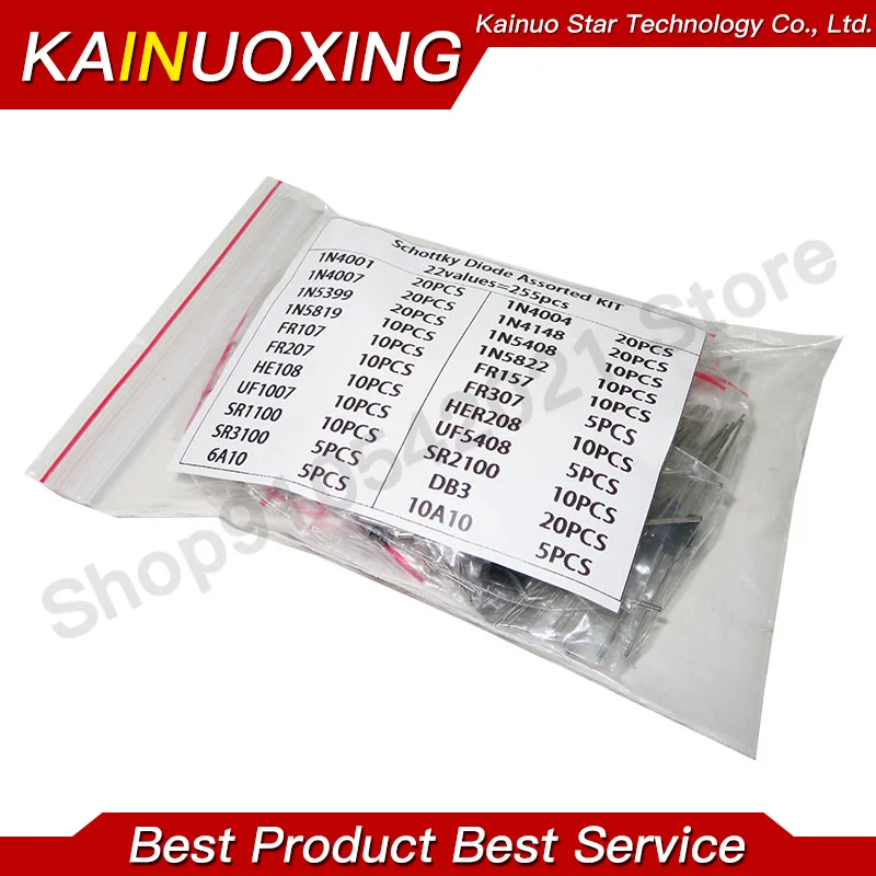 255pcs Fast Switching Rectifier Schottky Diode Assorted Kit 1N4001 1N4004 1N4007 1N5408 1N5819 1N5822 6A10 10A10 UF4007 FR307